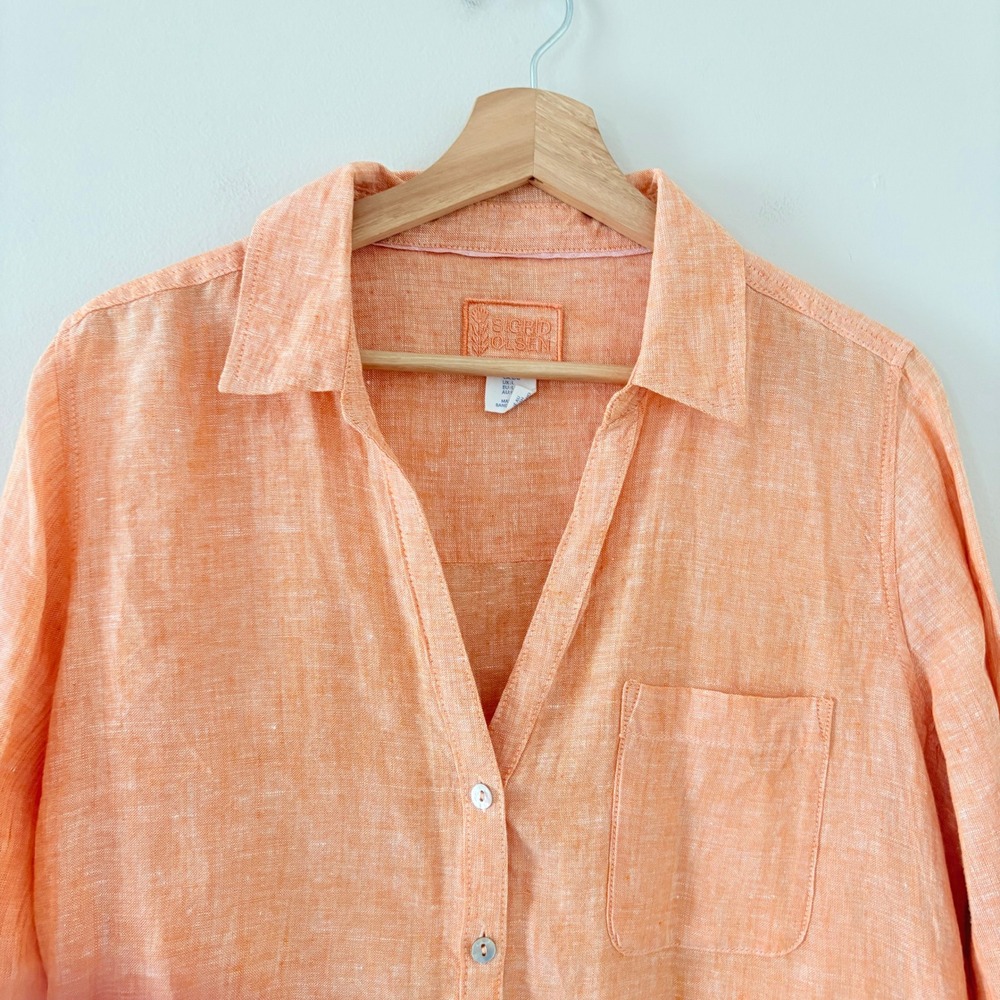 Sigrid Olsen Button Down Shirt L Peach Orange Linen Roll Tab Long Sleeve Casual - Picture 4 of 7